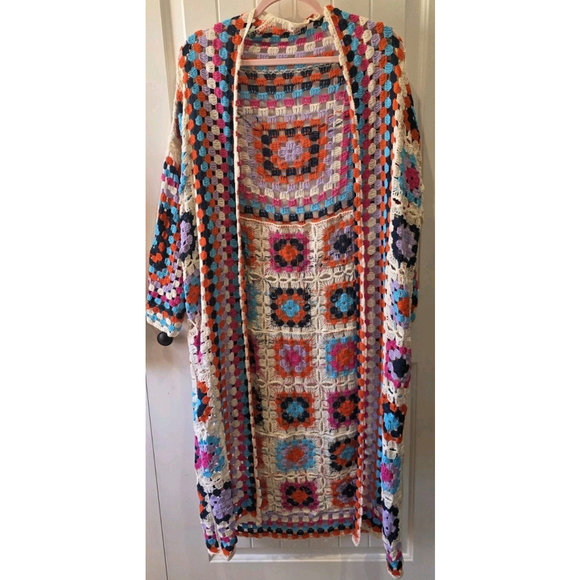 POL Crochet Colorful Granny Square Duster Cardigan Boho Long OS NWOT CottageCore - Picture 2 of 5